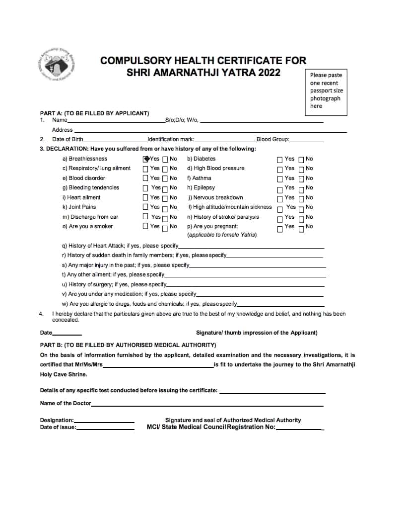 medical certificate for amarnath yatra