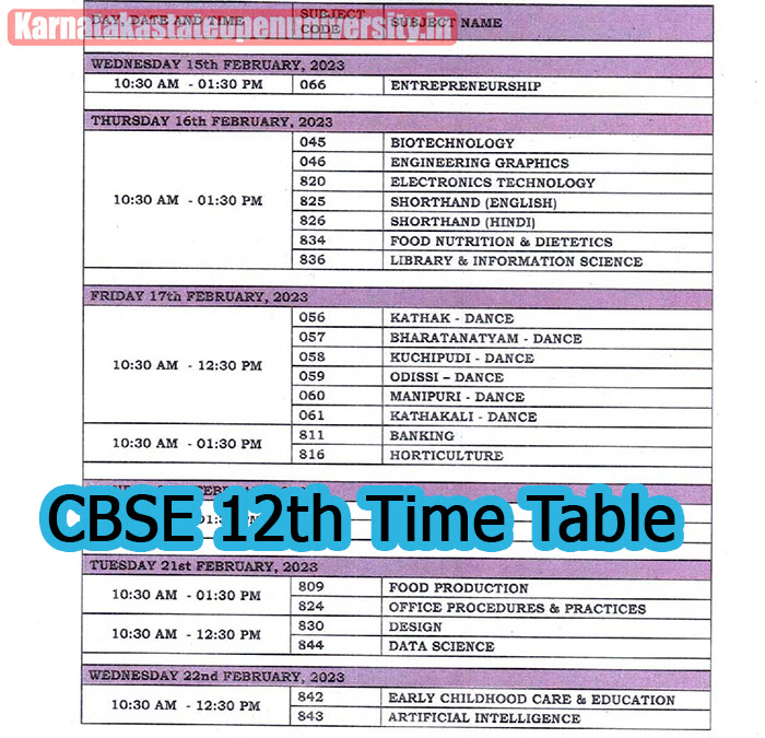 CBSE 12th Time Table 2023